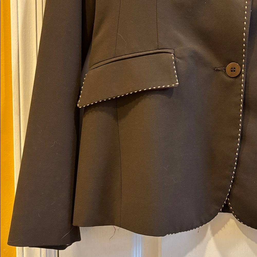 LAUNDRY BY SHELLI SEGAL BROWN JACKET TAN PIPING AROUND SEAMS/POCKETS/NECKLINE - Picture 8 of 15